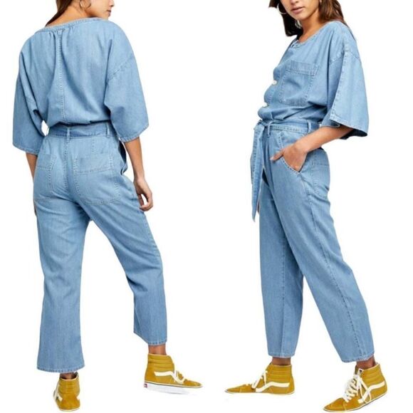 Free People Jumpsuit Marley Denim short sleeves high rise button size xs - Picture 1 of 11